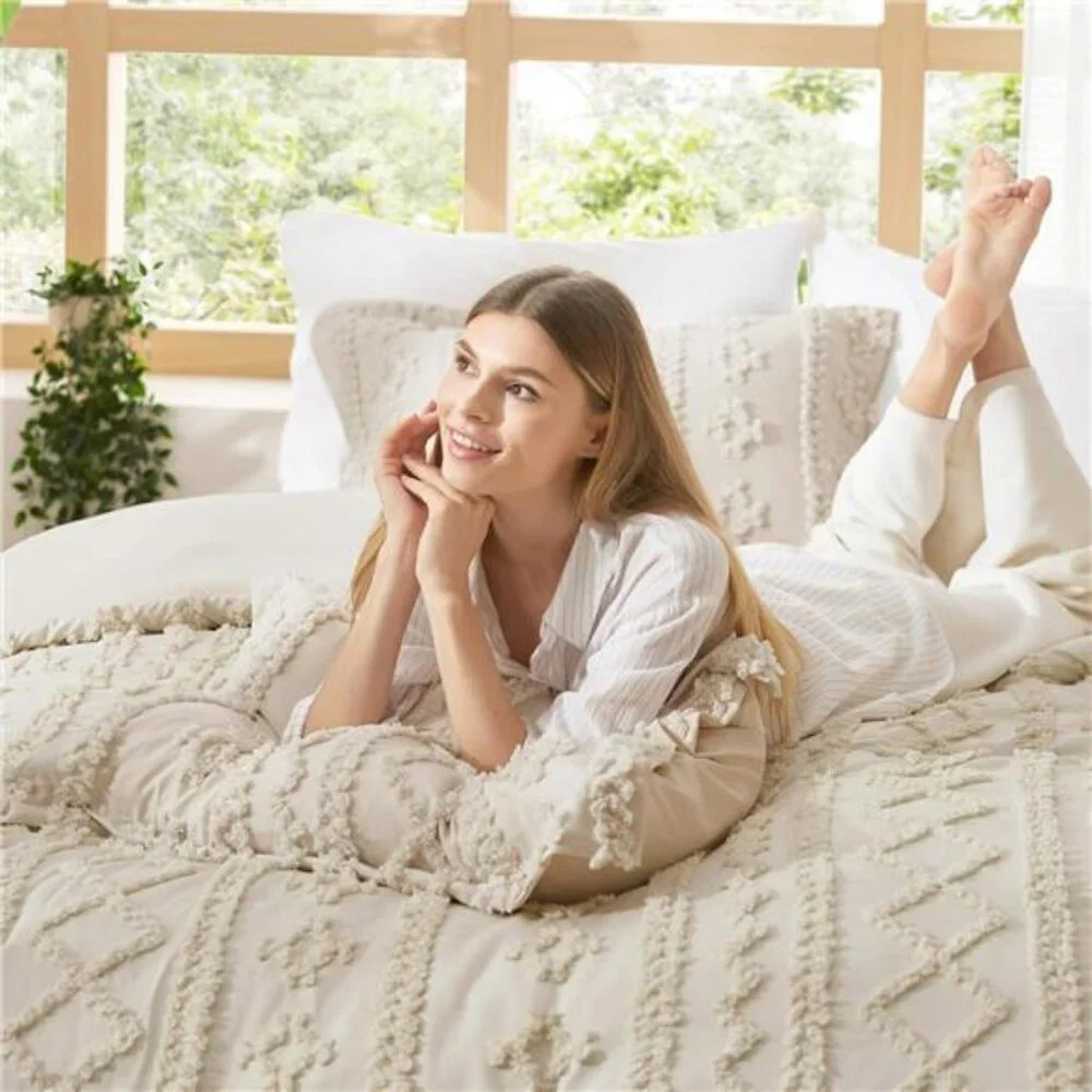 Boho Comforter Set Queen Size - Beige Boho Bed Set, GentleSoft™